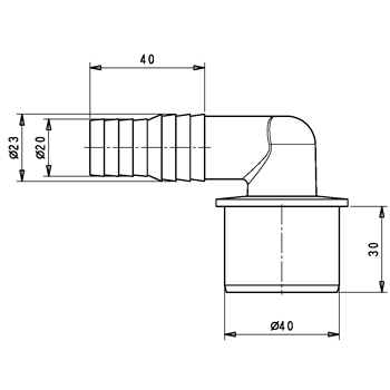 Переходник для подключения сливного шланга D=40 мм (20/23х40) угол 90°, картинка 2