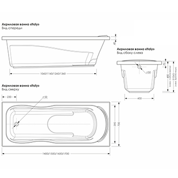 Ванна акриловая МЕТАКАМ 'ITALY' 150х70 с каркасом, картинка 4