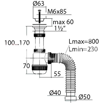 Сифон гофрированный ВИР Пласт 'МИНИ Элит' 1-1/2 дюйма x 40/50 (чаша 63 мм) 800 мм, картинка 2